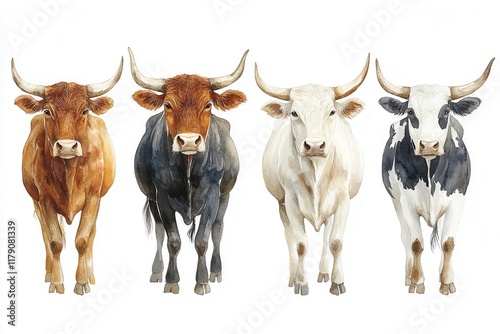 Four cows standing in a row, showcasing different colors and patterns.