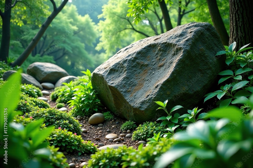 Obraz premium Lush green vegetation surrounding a large boulder, rocks,