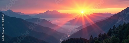 Misty dawn over mountains peaks as first rays of sun break through, dawn, morning