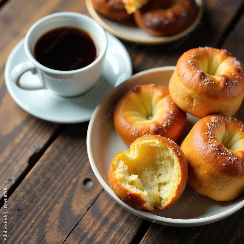 Baked goods and coffee on a rustic wooden table, breakfast, pastry Baked goods and coffee on a rustic wooden table, breakfast, pastry