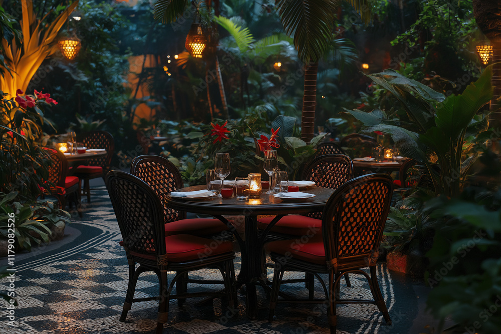 An outdoor dining area with red and black chairs, surrounded by lush greenery in the evening An outdoor dining area with red and black chairs, surrounded by lush greenery in the evening