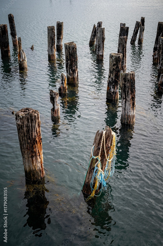 Weathered wooden posts emerging from calm water. Weathered wooden posts emerging from calm water.