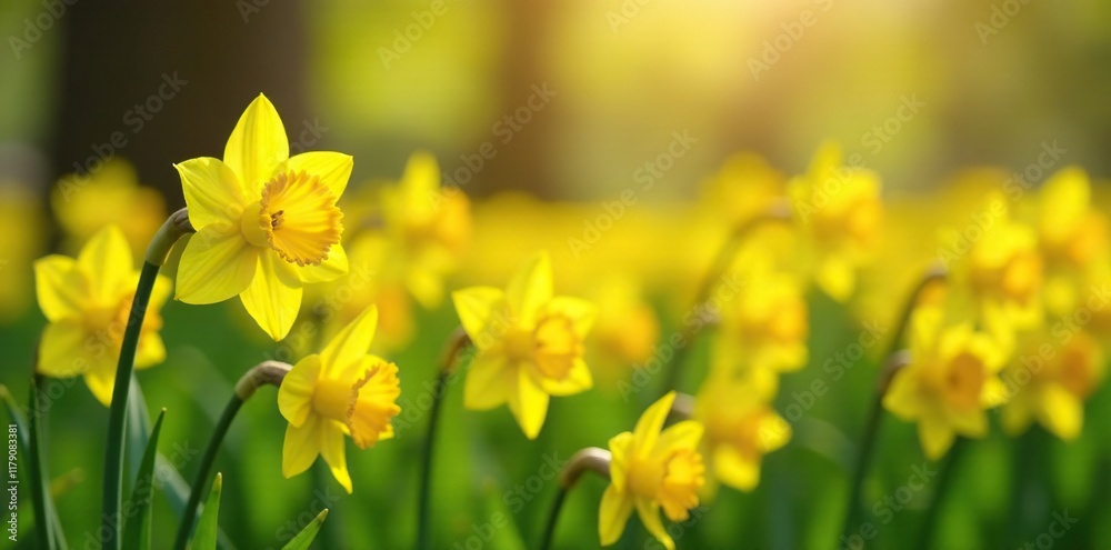 Fototapeta premium Bright sunny field of small yellow daffodil flowers, daffodils, petals
