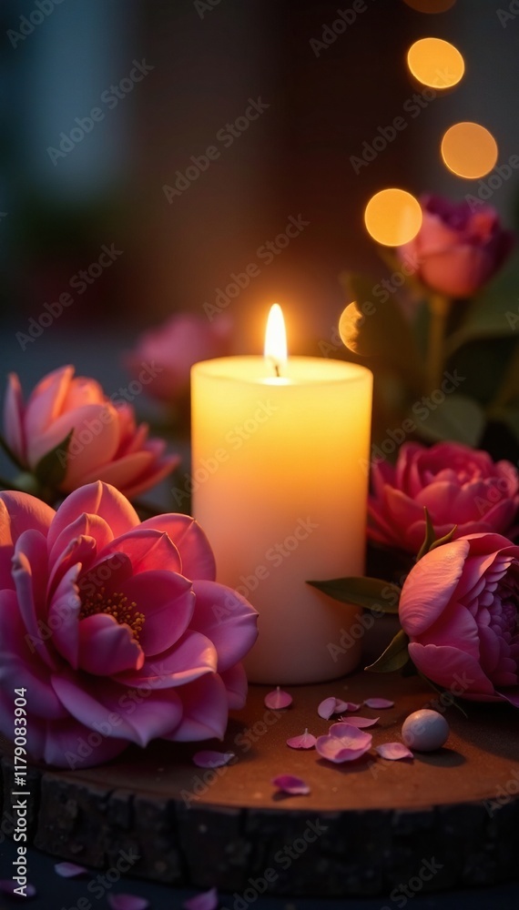 Softly glowing candlelight illuminates the scene, candlelight, gentle glow, flowers Softly glowing candlelight illuminates the scene, candlelight, gentle glow, flowers