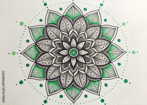 An intricately hand-drawn mandala featuring a symmetrical pattern with artistic green and black details