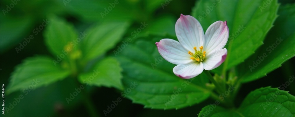 A small white and pale pink flower nestled among leaves, delicate, nature, foliage A small white and pale pink flower nestled among leaves, delicate, nature, foliage