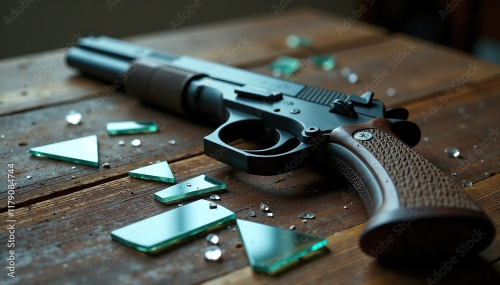 Obraz premium Broken glass scattered around a firearm on a table, shard, wood