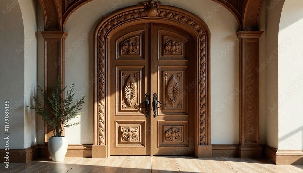 Fototapeta premium Large wooden door with intricate carvings leads to a hallway, parkett boden, holzdekor, traditionell