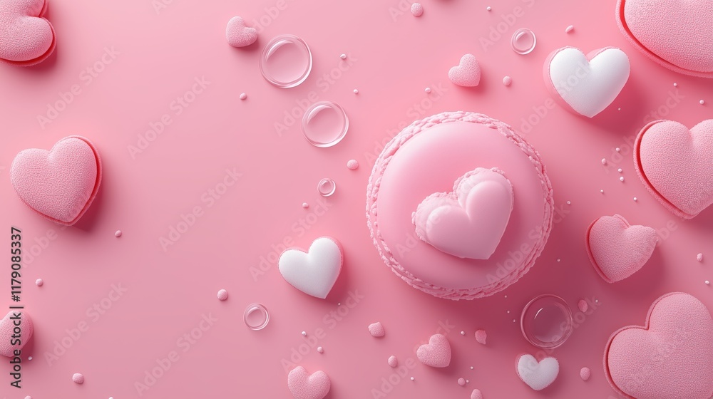Delicate light pink gradient background adorned with small white hearts and pink macarons