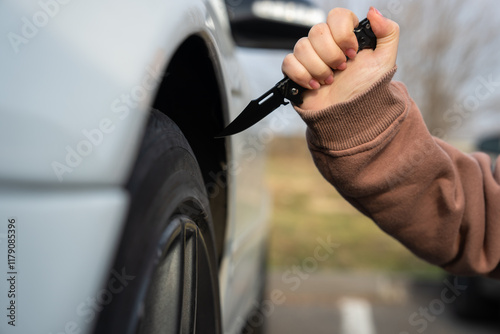 Fényképezés Trying to puncture a car tire with a knife
