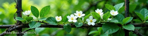 A profusion of small white jade flowers blooming on a trellis, greenery, jade, vine