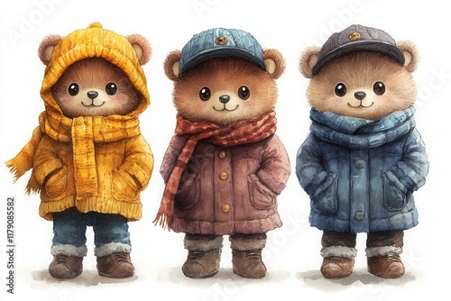 Three cute bear characters dressed in colorful winter clothing.