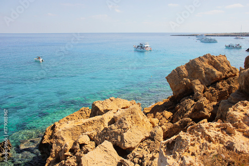 Cape Greco view in summer. Beautiful aqua blue seascape.