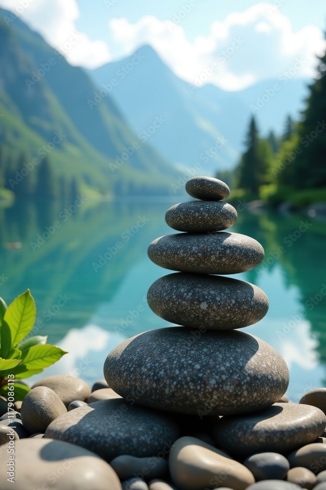 Zen stones balanced perfectly on a gentle hillside by a peaceful lake, zen, stone Zen stones balanced perfectly on a gentle hillside by a peaceful lake, zen, stone