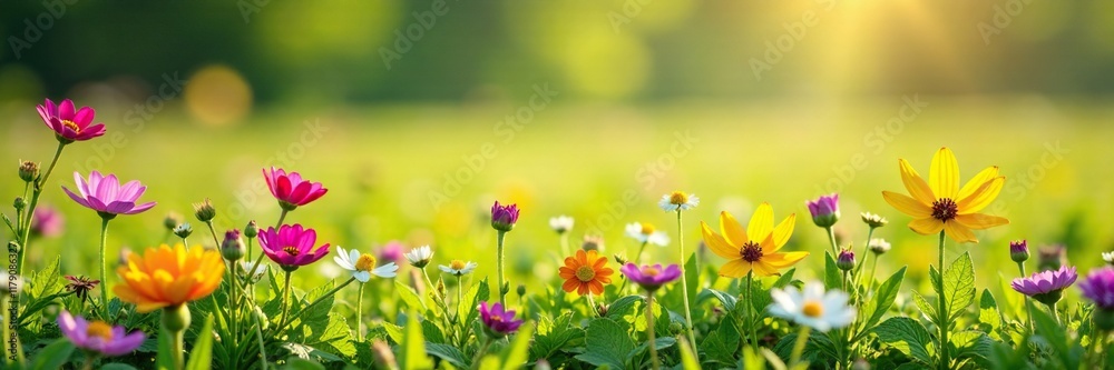 A small patch of colorful wildflowers in a sunny meadow, flower arrangement, wildflowers