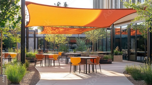 Outdoor patio with orange shade sail, tables, chairs, and landscaping.