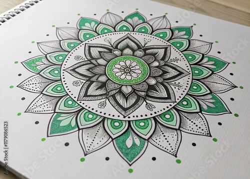 A modern crafted mandala illustration beautifully designed with symmetrical green and black patterns