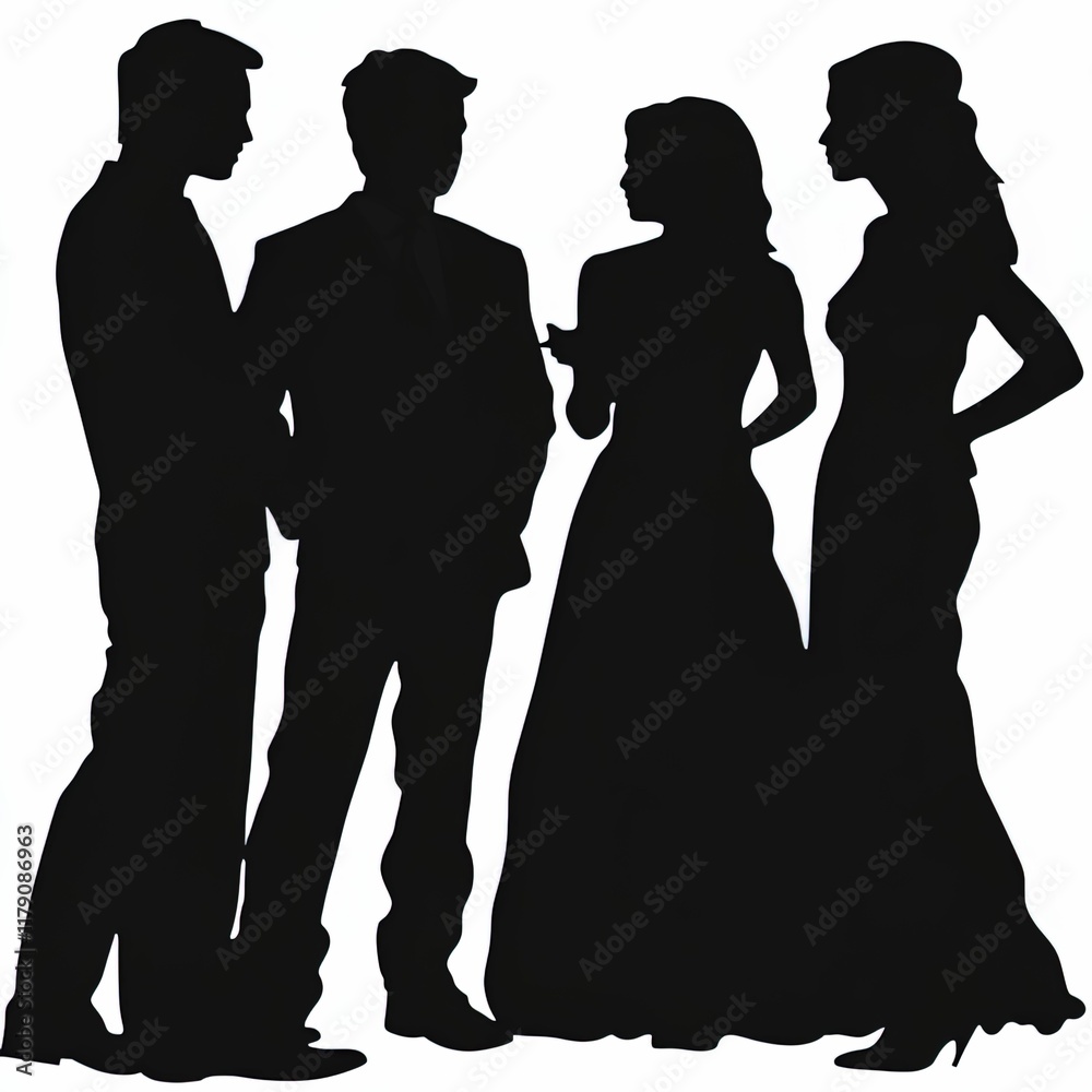 silhouette of four young Asian wedding guests, a mix of men and women, all standing together with troubled expressions as they discuss something