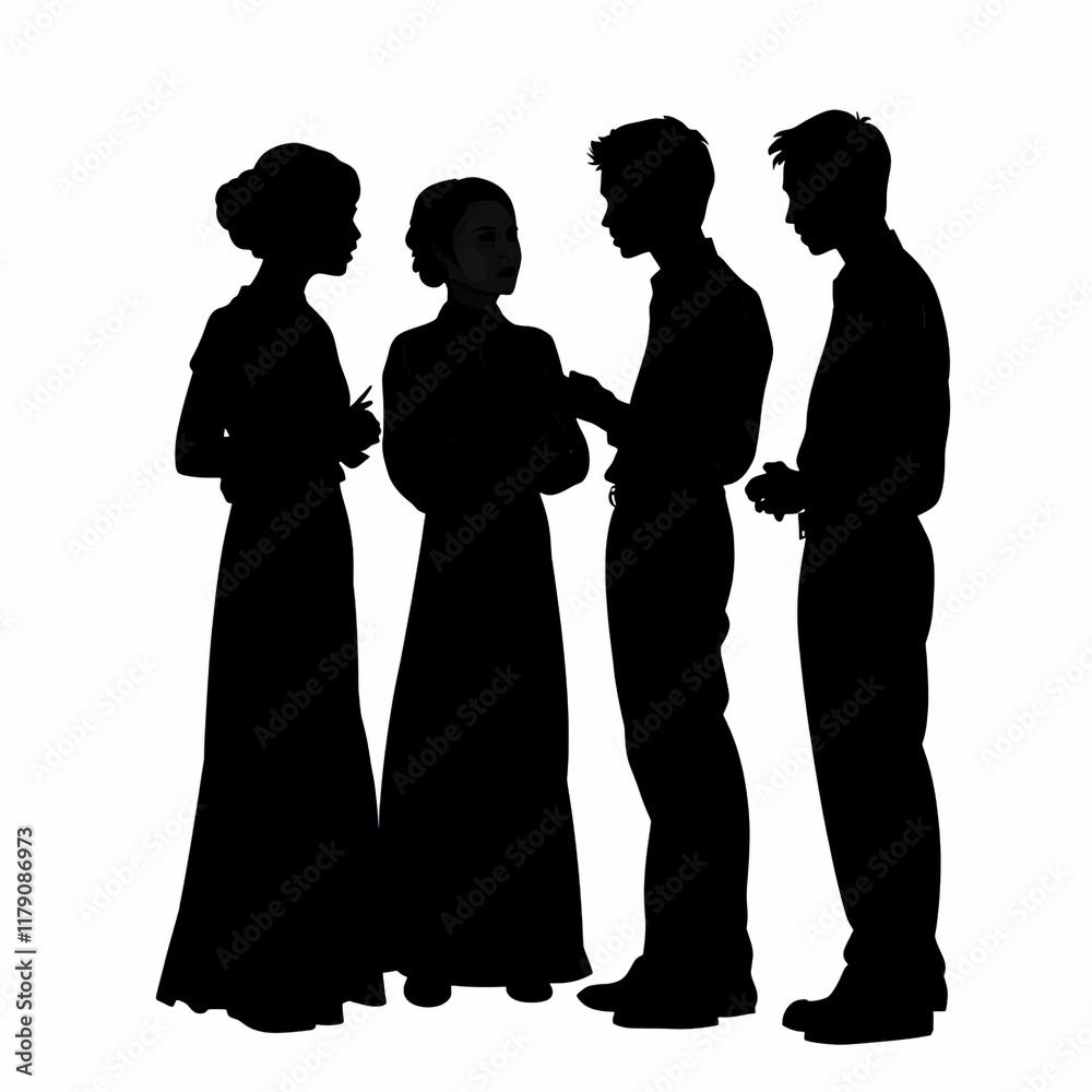silhouette of four young Asian wedding guests, a mix of men and women, all standing together with troubled expressions as they discuss something silhouette of four young Asian wedding guests, a mix of men and women, all standing together with troubled expressions as they discuss something