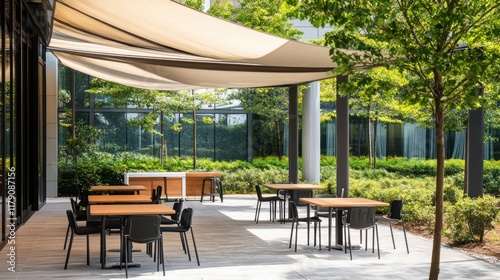 Outdoor patio with tables, chairs, and shade.