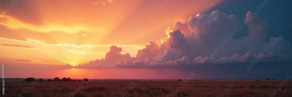 Fototapeta premium Soft focus on a burning sky with puffy clouds, midwest, soft focus