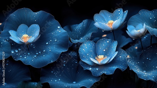 A serene composition of blue lotus flowers with droplets, evoking tranquility and beauty.
