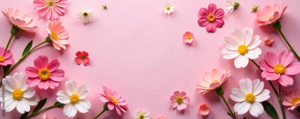 Delicate flowers scattered on a soft pink background from above, garden, nature, scattered
