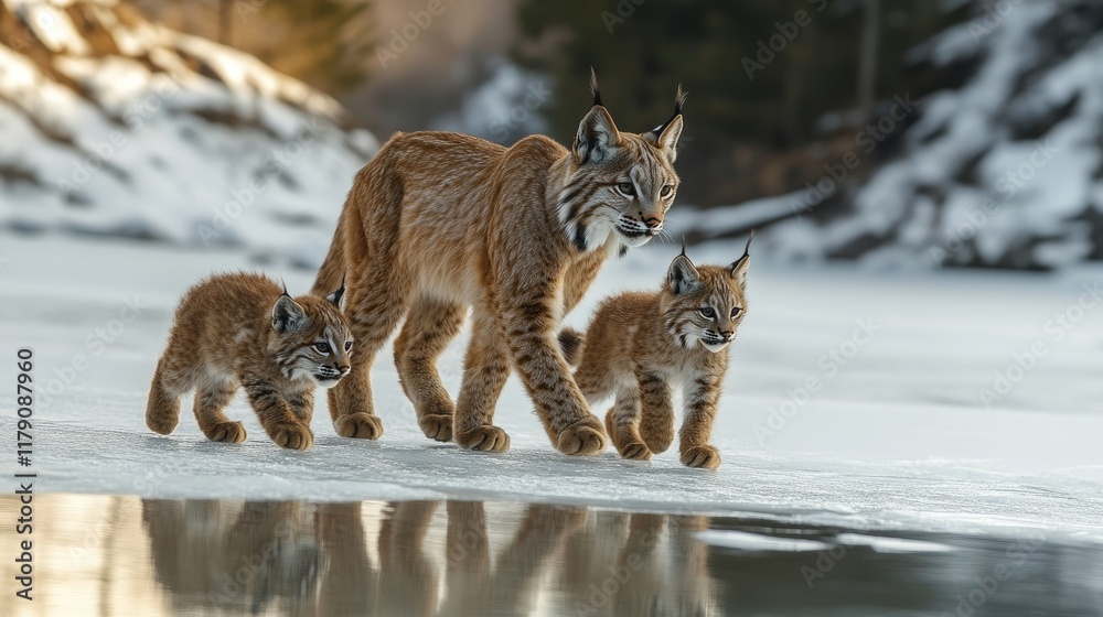 A family of lynx cautiously approaching a frozen lake, their padded paws silent on the snow. A family of lynx cautiously approaching a frozen lake, their padded paws silent on the snow.