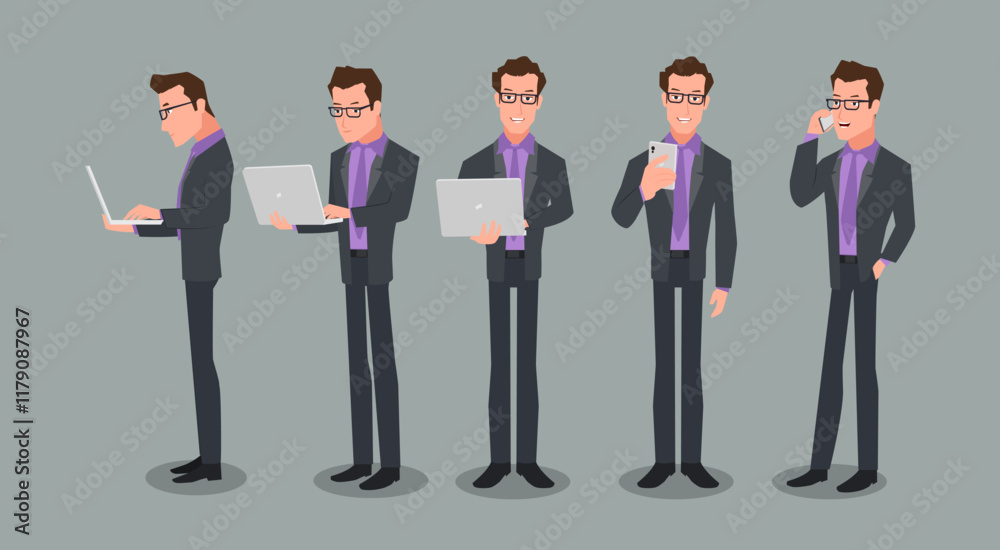 A business man different views with a laptop and mobile using. Vector illustration A business man different views with a laptop and mobile using. Vector illustration