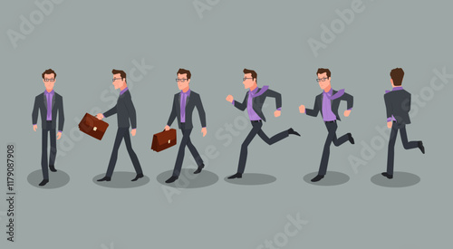 A business man walk and running in different views. Vector illustration