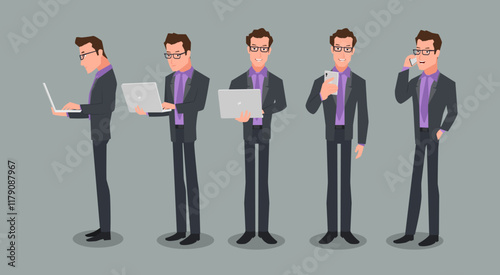 A business man different views with a laptop and mobile using. Vector illustration