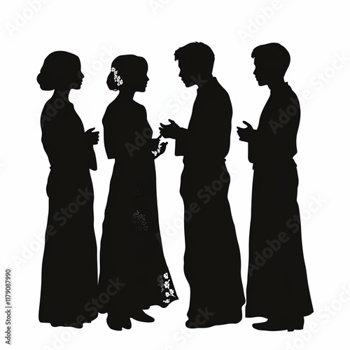 Wallpaper Mural silhouette of four young  wedding guests, a mix of men and women, all standing together with troubled expressions as they discuss something, full-body view from head to toe, solid black silhouette Torontodigital.ca