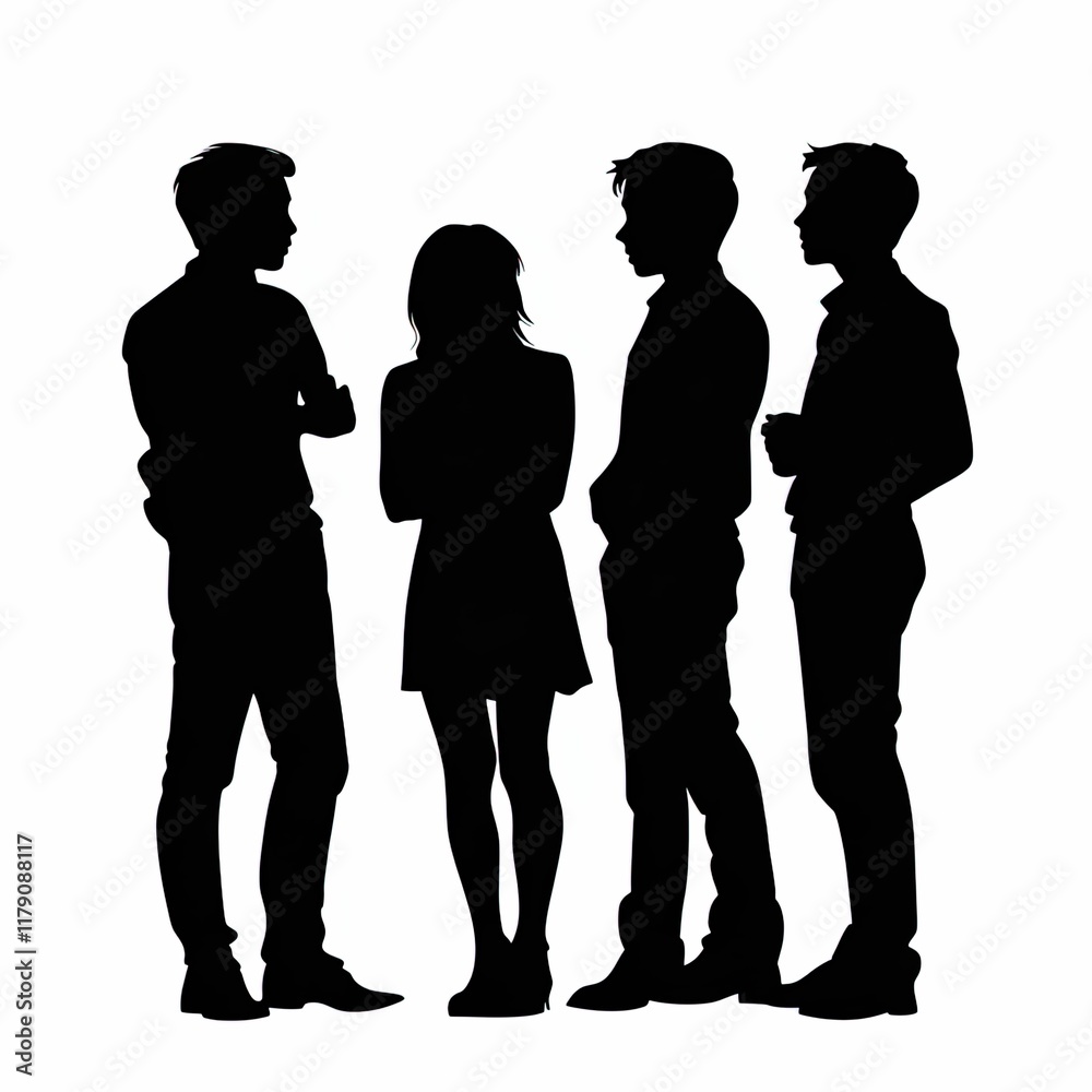 custom made wallpaper toronto digitalsilhouette of four young  wedding guests, a mix of men and women, all standing together with troubled expressions as they discuss something, full-body view from head to toe, solid black silhouette