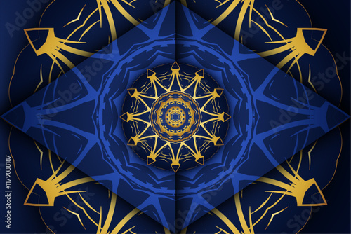 Blue and Gold Mandala: A Harmony of Geometry and Floral Motifs
