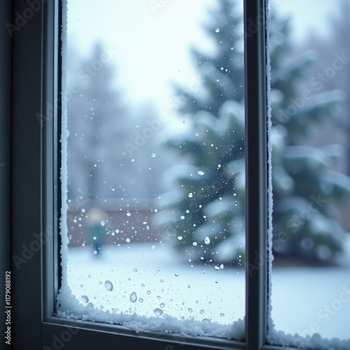 Frosty windowpane with snowflakes gently falling, scene, cold