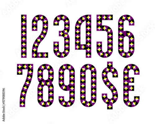 Set of numbers and dollar and euro symbols with an optical effect and vibrant geometric patterns. Great for web design, infographics, and advertising materials.