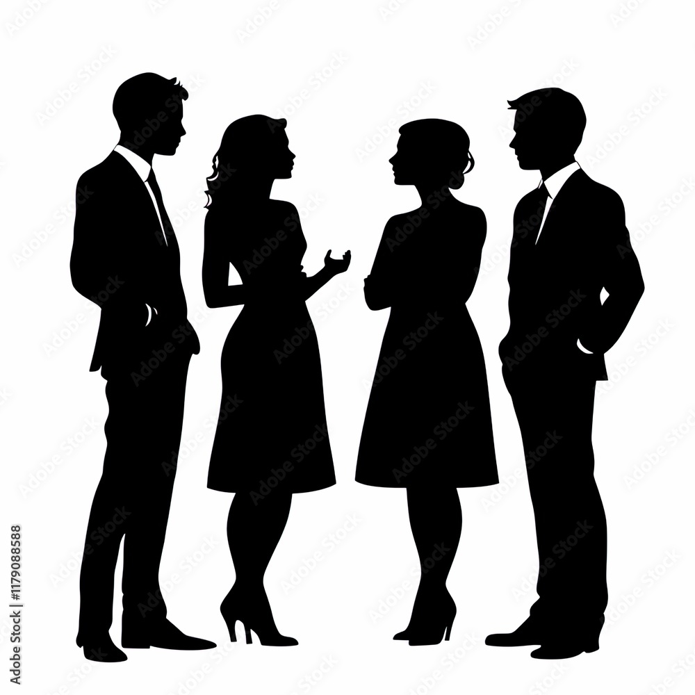 silhouette of four young wedding guests, a mix of men and women, all standing together with troubled expressions as they discuss something silhouette of four young wedding guests, a mix of men and women, all standing together with troubled expressions as they discuss something