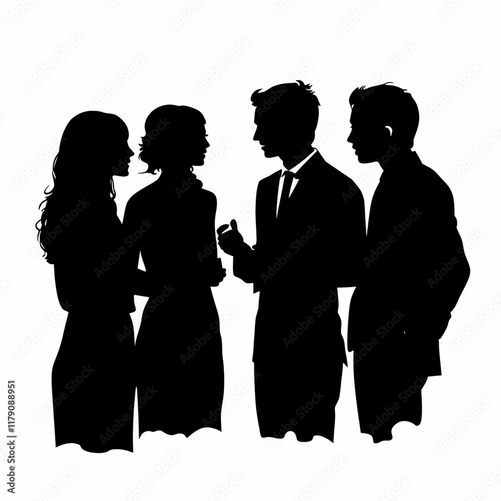 silhouette of four young Asian wedding guests, a mix of men and women, all standing together with troubled expressions as they discuss something silhouette of four young Asian wedding guests, a mix of men and women, all standing together with troubled expressions as they discuss something