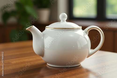 Elegant white ceramic teapot with gold trim on a wooden table, wood, modern, upscale
