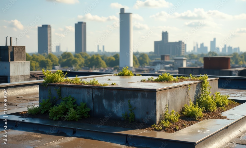 Urban rooftop with greenery and skyline Urban rooftop with greenery and skyline