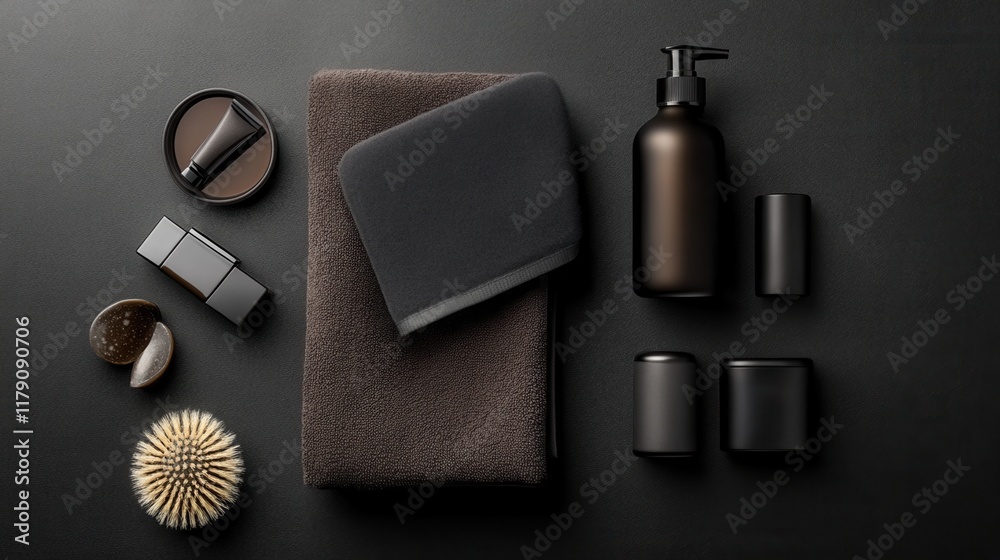 A high-end skincare kit displayed with a towel and shaving cream for a professional grooming aesthetic A high-end skincare kit displayed with a towel and shaving cream for a professional grooming aesthetic