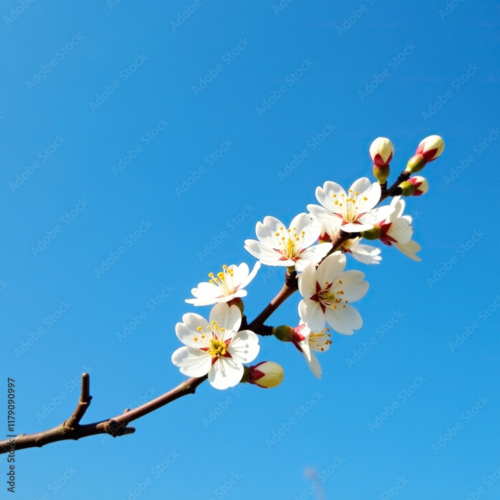 Branch of white flowers against a clear blue sky, blue sky, nature Branch of white flowers against a clear blue sky, blue sky, nature