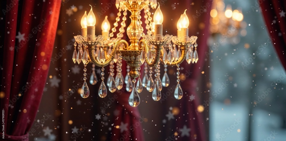 Obraz premium Luxurious snowflakes fall gently on a velvet-draped chandelier, Luxury, Golden