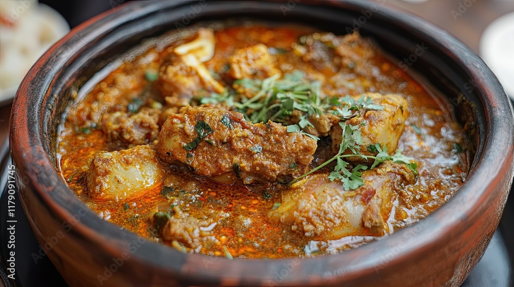 Spicy chicken curry in clay pot, restaurant setting. Food photography for menu or blog. Spicy chicken curry in clay pot, restaurant setting. Food photography for menu or blog.