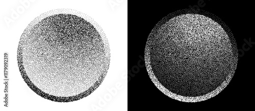 Abstract background with dotted circles. Button concept with dots. Black shapes on a white background and the same white shapes on the black side.