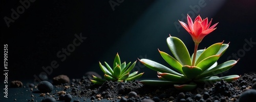 Euphorbia Geroldii against dark background with rays, succulent, light rays photo