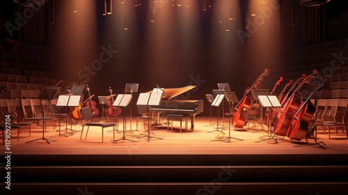 Orchestra Pit Set Up for Upcoming Theatre Show with Piano and String Instruments in Dramatic Lighting photo