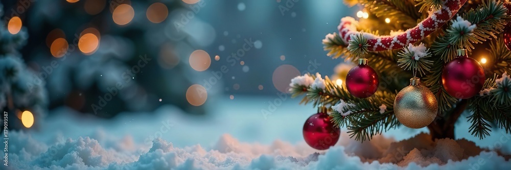 Fototapeta premium Ornaments and garlands adorn a small Christmas tree in a cozy snowy scene, garlands, joyful, cheer