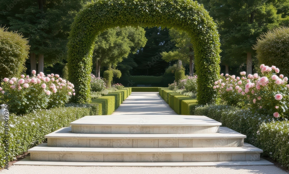 Beautiful garden path with blooming roses Beautiful garden path with blooming roses