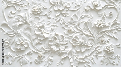 Fototapeta Naklejka Na Ścianę i Meble -  White floral embossed 3D wall panel texture background.